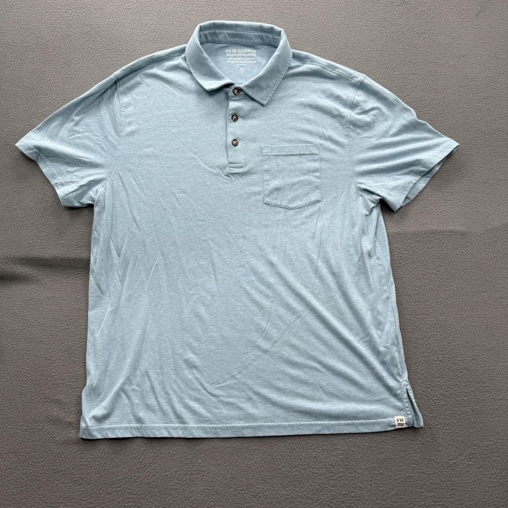 Fair Harbor Polo Shirt Mens XL Blue Organic Cotton Blend Pocket Tagless Casual